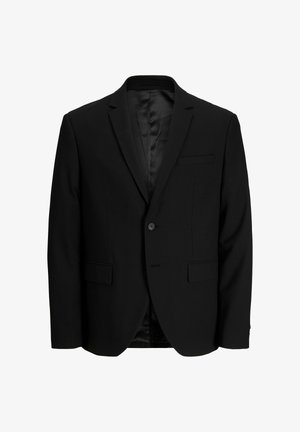 Černý pánský sako s jedním knoflíkem, s klopami s výřezem, dvěma předními klopovými kapsami a jednou náprsní kapsou, zobrazený na bílém pozadí.