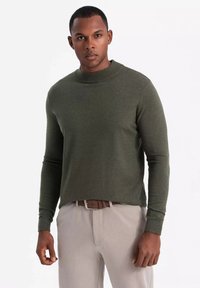 Pullover verde lavorato a maglia con colletto alto, maniche lunghe e vestibilità comoda, abbinato a pantaloni chiari.