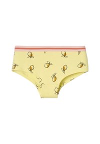 Gelbe Baumwoll-Boyshorts-Unterwäsche mit Zitronenprint und pink gestreiftem Bund. Weicher Stoff, lässiges Design, geeignet für den täglichen Gebrauch.