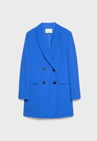 Blazer bleu croisé en tissu lisse, avec des boutons noirs, des revers crantés et deux poches avant.