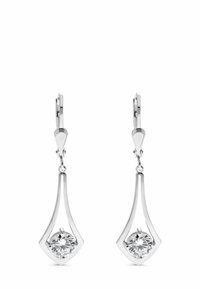 Gli orecchini a goccia in argento presentano una forma allungata e slanciata con una cornice a forma di diamante, che mette in risalto una pietra preziosa rotonda e trasparente al centro.