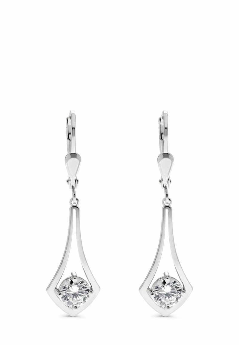Gli orecchini a goccia in argento presentano una forma allungata e slanciata con una cornice a forma di diamante, che mette in risalto una pietra preziosa rotonda e trasparente al centro.
