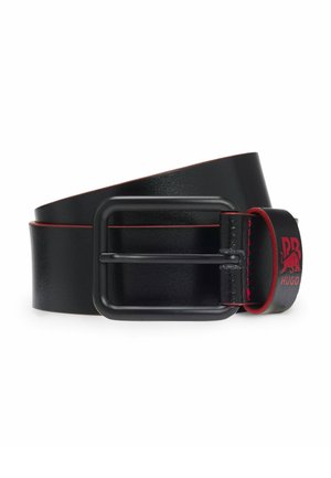 Black leather belt with matte black rectangular buckle, red edge detailing, and red logo with bull on the belt loop.