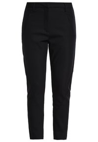 Černé kalhoty vyrobené z hladkého materiálu, se střihovou úpravou, s dvěma bočními kapsami a jemným švem podél nohavic.