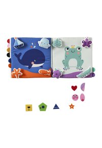 Fabric book with soft, colorful pages. Features a blue whale, green frog, and various textured shapes in vibrant colors, including felt accents.