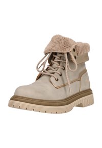 Helle beige Knöchelstiefel mit einem Kragen aus Kunstfell, strukturiertem Obermaterial, metallischen Ösen und beigem Gummisohle; mit kontrastierendem Nähen.