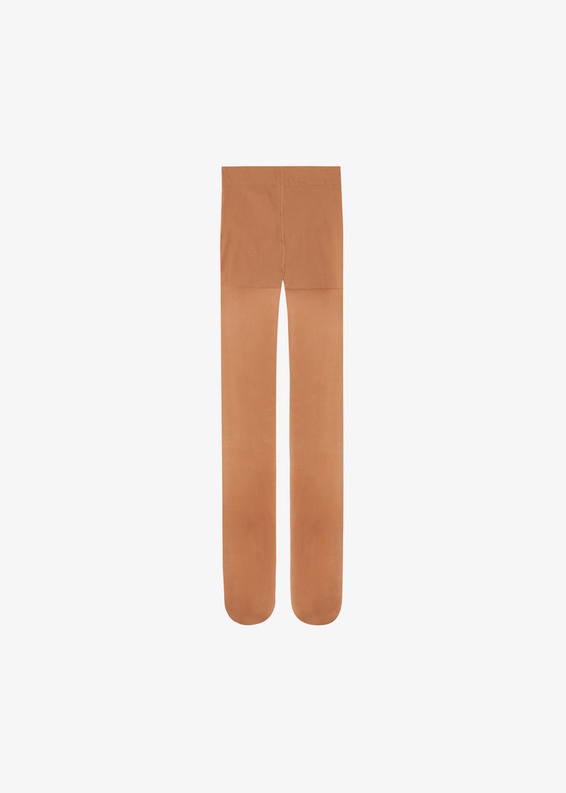 Pantalons marron clair taille haute avec une coupe droite. Texture lisse et peu de détails au dos. Pas de poches visibles ni d'ornements.