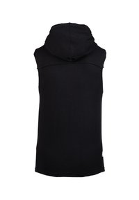 Zwarte mouwloze hoodie met een voorzak in kangoeroestijl en een gevoerde capuchon. Gladde textuur, eenvoudig ontwerp en een gebogen zoom aan de onderkant.