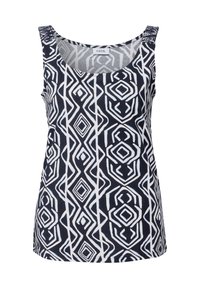 Ärmstrumpa med en marinblå bas och djärva vita geometriska mönster. Mjuk tyg, rund hals och slät struktur.