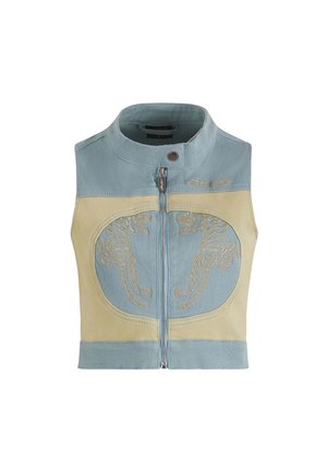 Gilet svasato in azzurro chiaro e crema, con tigri ricamate su entrambi i lati, colletto alto e chiusura frontale con zip.