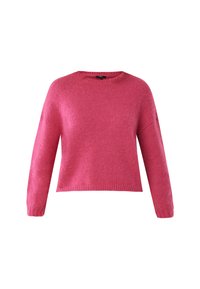 Różowy sweter z dzianiny o okrągłym dekolcie, długimi rękawami i ściągaczem u dołu. Tkanina ma miękką fakturę i lekko luźny krój.