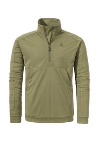 Olivgrüner Viertelreißverschluss-Pullover aus weichem Stoff. Mit Stehkragen, langen Ärmeln und einer Fronttasche mit Reißverschluss.