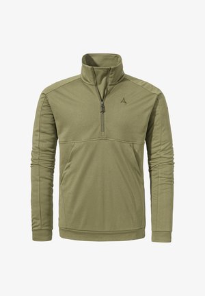 Olivgrüner Viertelreißverschluss-Pullover aus weichem Stoff. Mit Stehkragen, langen Ärmeln und einer Fronttasche mit Reißverschluss.