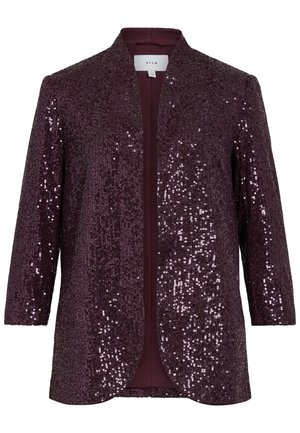 Burgundia sametist jakk klassikalise kaeluseta disainiga. Omab kolmeveerand varrukaid ja sujuvat sisemist voodrit.