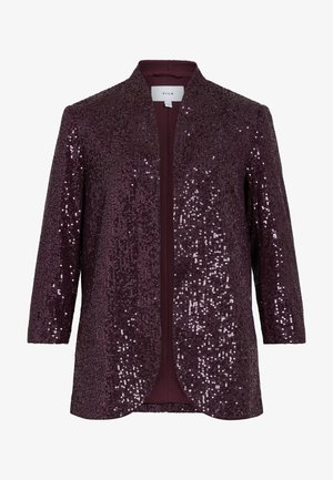 Burgundia sametist jakk klassikalise kaeluseta disainiga. Omab kolmeveerand varrukaid ja sujuvat sisemist voodrit.