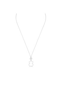 Collar de plata con una cadena fina, que presenta un charm en forma de corazón sobre un colgante con la silueta de un oso de peluche. Acabado suave y brillante.