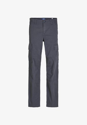 Mørk grå cargo bukser lavet af en blanding af bomuldsstof. Funktioner inkluderer flere sidelommer, lynlås- og knaplukning samt en lige ben-design.