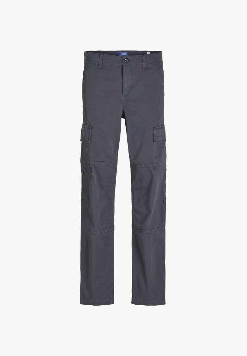 Tmavě šedé cargo kalhoty vyrobené z bavlněné směsi. Mezi funkce patří více bočních kapes, zapínání na zip a knoflík a rovný střih nohavic.