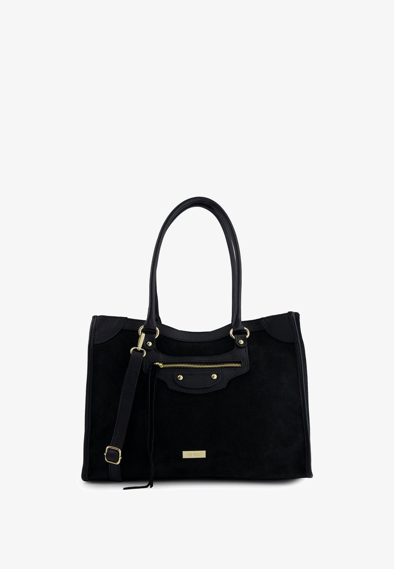 Czarna torba typu tote zamszowa z pozłacanymi elementami, wyposażona w podwójne uchwyty, przednią kieszeń na zamek oraz teksturowane akcenty na górze i bokach.