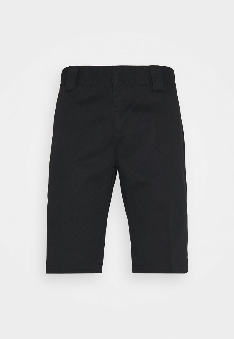 Shorts en coton noirs avec une coupe droite, dotés de passants de ceinture, d'une fermeture éclair à l'avant et d'un léger ourlet roulé aux poignets. Aucun motif ni accent visible.