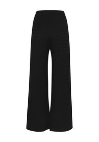 Pantalons noirs à jambes larges avec un motif texturé, dotés d'une taille flexible et d'une coupe décontractée. Fabriqués dans un matériau doux et léger.