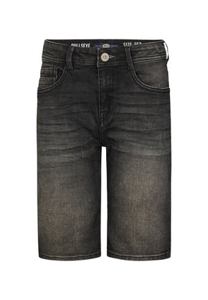 Shorts en denim gris foncé avec une texture usée, cinq poches et une fermeture à bouton. Présente un léger délavage et une coupe droite.