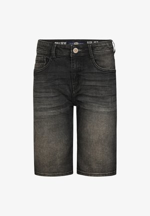 Tummanharmaat farkkushortsit, joissa on kulutettu pinta, viisi taskua ja napillinen kiinnitys. Ominaisuuksiin kuuluu hienovarainen haalistuma ja suora lahjemalli.