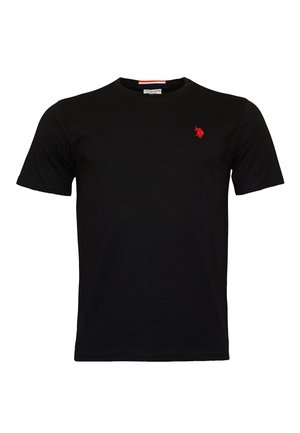 Black cotton t-shirt with a round neckline, short sleeves, and a small red logo on the left chest. Smooth texture, classic fit.