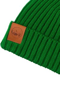 Zielona prążkowana dzianinowa czapka z zagiętym mankietem i brązową skórzaną łatą przedstawiającą górę, drzewa i wzór niedźwiedzia.