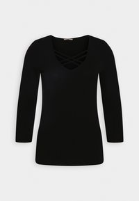 Schwarzes Langarmshirt mit V-Ausschnitt und Kreuzdetail am Ausschnitt. Glatte Stoffoberfläche, figurbetonte Form und keine sichtbaren Muster oder Akzente.