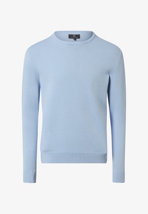 Maglione azzurro chiaro a girocollo realizzato in materiale morbido, con maniche lunghe e polsini e orlo a costine. Design semplice e pulito senza motivi.