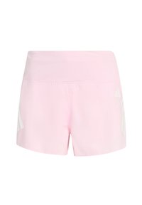 Pink athletic shorts made of lightweight fabric, featuring a high waistband, smooth texture, and white logo details on the sides.