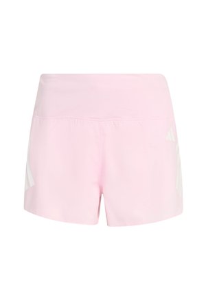 Pantalones cortos deportivos rosa hechos de tela ligera, con una cintura alta, textura suave y detalles de logotipo blanco en los costados.