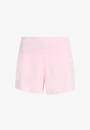 Shorts de sport roses en tissu léger, avec une taille haute, une texture lisse et des détails de logo blancs sur les côtés.