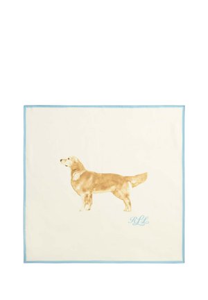 Coperta con un’illustrazione di un cane beige in profilo e le iniziali blu "RLL" su sfondo bianco con bordo azzurro chiaro.