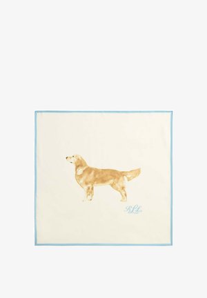 Coperta con un’illustrazione di un cane beige in profilo e le iniziali blu "RLL" su sfondo bianco con bordo azzurro chiaro.