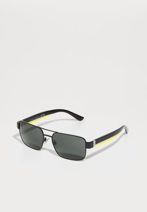 Rectangular sunglasses with gray lenses, black metal frame, and yellow-accented arms. Features adjustable nose pads and silver hardware.
