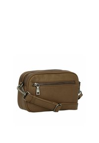 Borsa a tracolla in pelle marrone con finitura testurizzata, doppie scomparti con zip, tracolla regolabile e dettagli in metallo argentato.