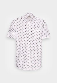 Chemise à manches courtes boutonnée en coton blanc avec un motif répété de fleurs rouges, dotée d'une poche poitrine et d'un col classique.