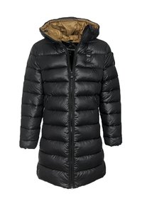 Sort pufferjakke med hætte, quiltet design, frontlynlås og tan indvendig foring. Har elastiske manchetter og sidelommer.