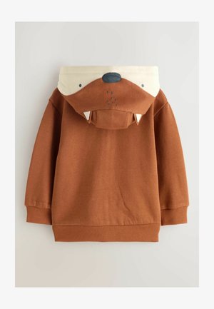 Felpa marrone con cappuccio a forma di faccia d'orso, con accenti bianchi, denti e finitura testurizzata. Polsini e orlo a coste.