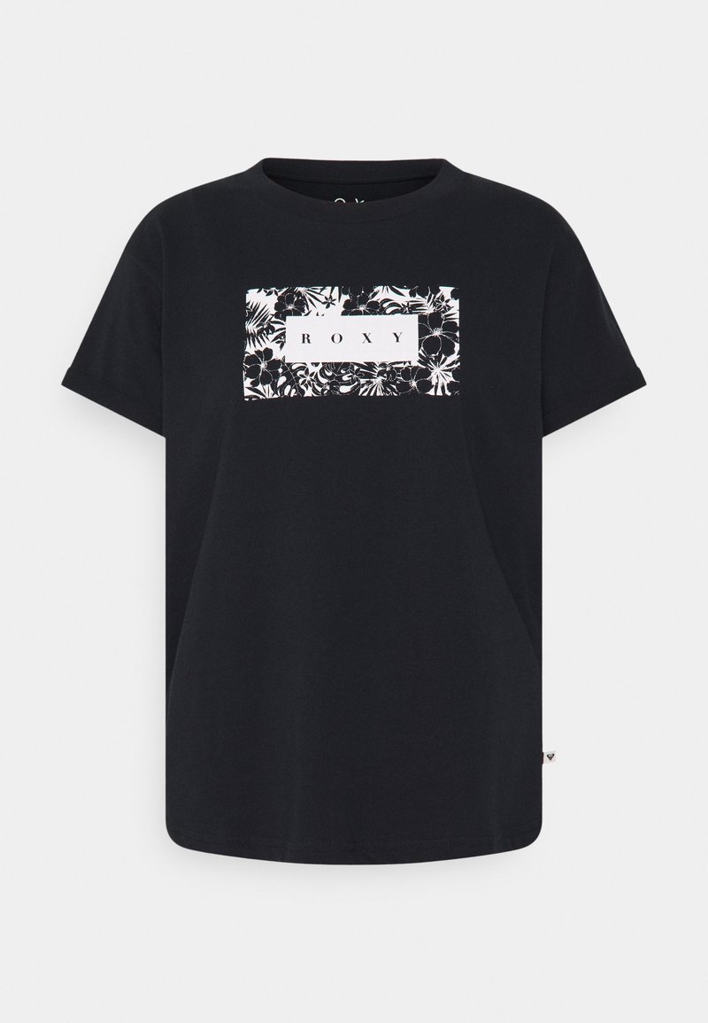 T-shirt en coton noir avec un col rond, présentant un logo rectangulaire blanc "ROXY" entouré de motifs floraux en noir et blanc.