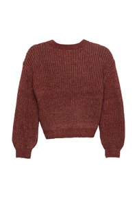 Gestrickter, verkürzter Pullover im satten Burgundy mit texturiertem, geripptem Stoff; verfügt über lange, ballonförmige Ärmel und einen runden Halsausschnitt.