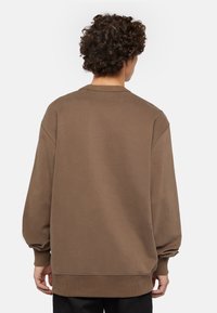 Sudadera marrón de gran tamaño con cuello redondo y puños acanalados, que presenta una textura suave y hombros caídos. Sin logotipos ni patrones visibles.
