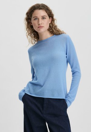 Helles blaues Langarm-Sweatshirt aus weichem Strickmaterial mit rundem Ausschnitt und lässiger Passform, kombiniert mit dunklen Jeans.