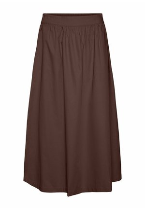 Jupe midi marron en ligne A avec taille froncée, tissu lisse et ourlet légèrement évasé.