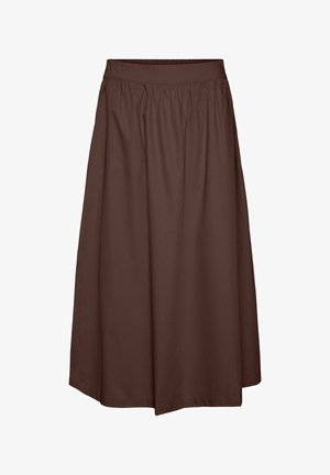 Brūns A formas midi svārki ar savākto jostasvietu, gludu audumu un viegli izpletu apkakli.