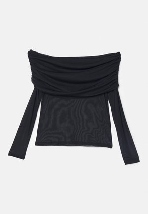 Must hämaras, õlavarrelt avatud topp, millel on kogutud kangastruktuur, pikad varrukad ja vormitud siluett. Valmistatud kerge ja siledast materjalist.