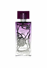 Amethyst Eclat parfumbutik, rektangulär, glas med en gradient-lyxig design från lila till klart, silverblommiga ingraverade mönster, rektangulär lila kork.