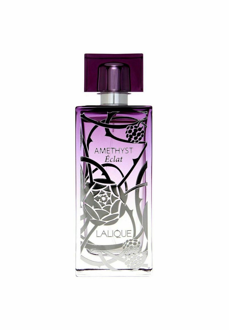 Amethyst Eclat parfumbutik, rektangulär, glas med en gradient-lyxig design från lila till klart, silverblommiga ingraverade mönster, rektangulär lila kork.